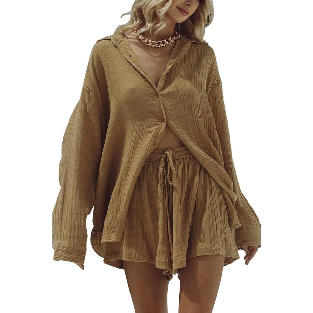 Summer Women's Casual Two Piece Long Sleeve Shirt Top And Shorts Sportswear Set