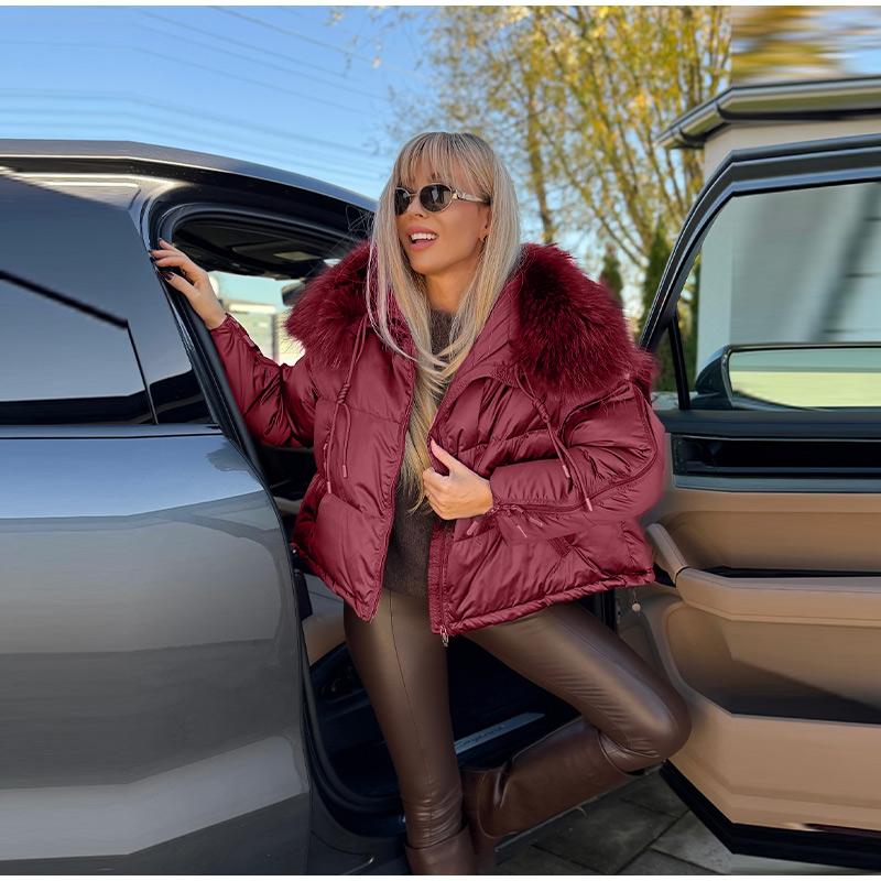 

Мода 2025 Зимняя Женская Куртка из Гусиного Пуха Пальто с Воротником из Натурального Меха Енота Парка Пуховики Верхняя Одежда Пальто M красный