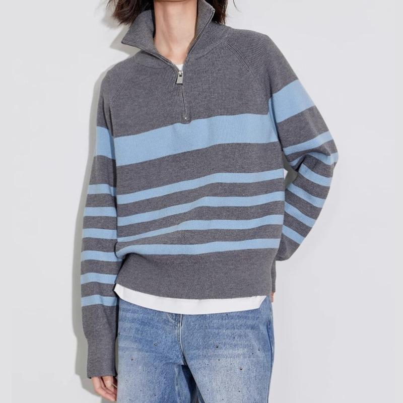 

Striped half-zipper lapel knitted sweater for women s autumn and winter new contrasting colors casual loose pullover sweater for women one size fits all серый