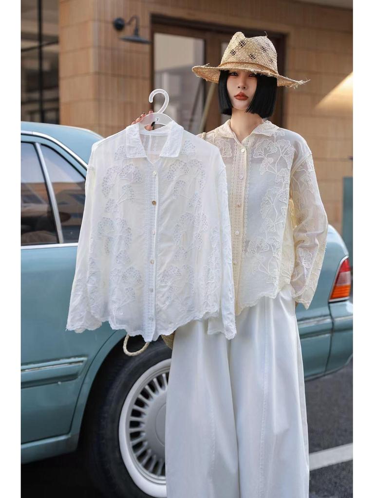 Korean Style Casual Embroidered Long Sleeve Shirt with Irregular Polo Collar