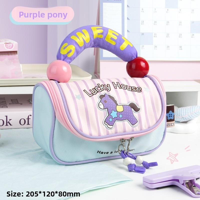 Kids Pony Pencil Case With Multiple Compartments Oxford Fabric For School Supplies