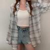 Sheer Chiffon Plaid Shirt for Women Ovesized Collared Button-down Blouse Summer Laides Slouchy Casual Outfit