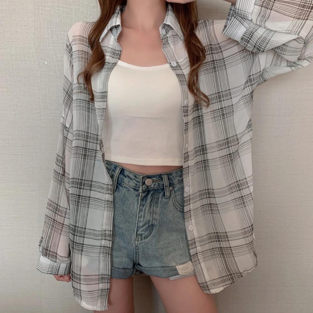 Cămașă Plaid din Șifon Transparent pentru Femei Mărimi Mari cu Guler și Nasturi Bluză de Vară Lejeră Casual