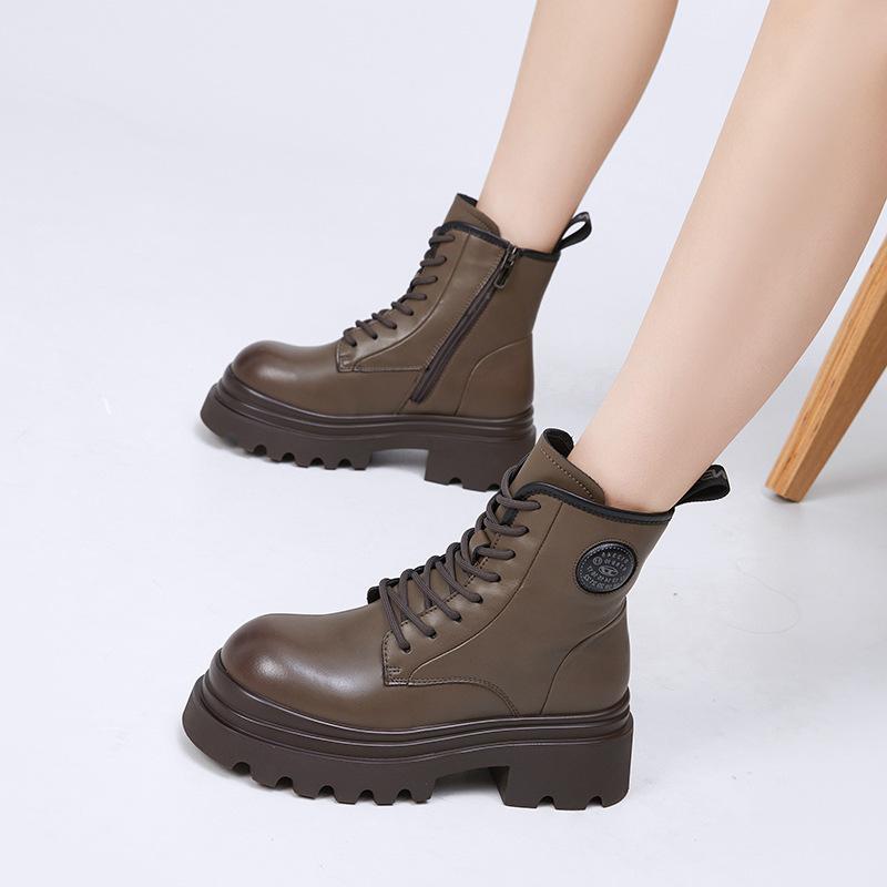 Leather Martin Boots Women's Thick Heel 2025 New Autumn and Winter Thick-soled Medium Boots Children's Versatile Velvet British Style Short Boots