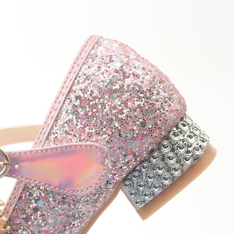 Spring and Autumn New Girls' High Heel Leather Shoes with Sequin Upper and Bowknot, Frozen-themed Shoes, Children's Princess Leather Shoes
