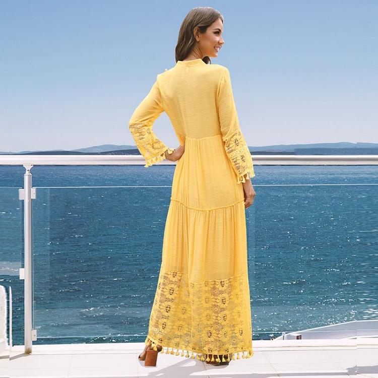 Long Dress for Women Bohemian V Neck Large Size Solid Color Casual Lace Tassel Lady Dress