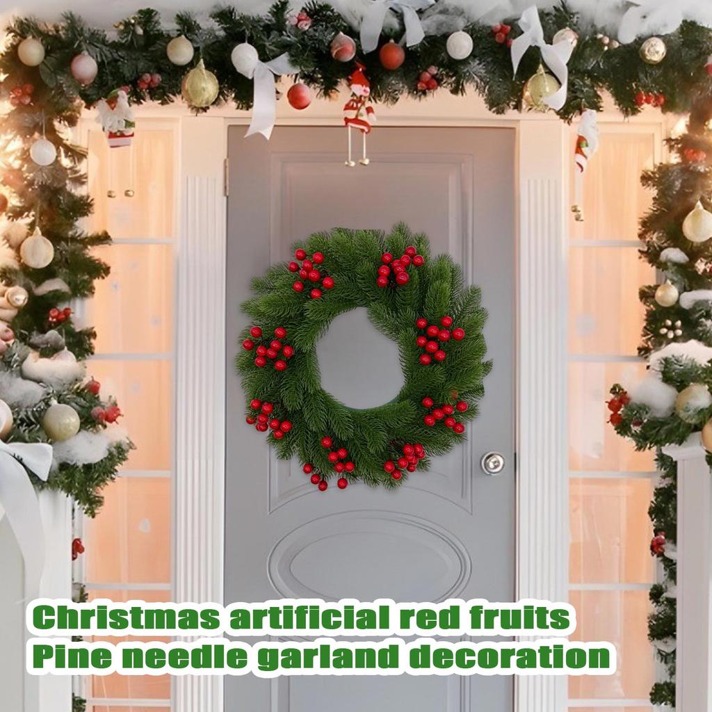45cm Christmas Red Fruit Pines Needle Wreath Simulation Christmas Day Decoration Door Hanging Wreath