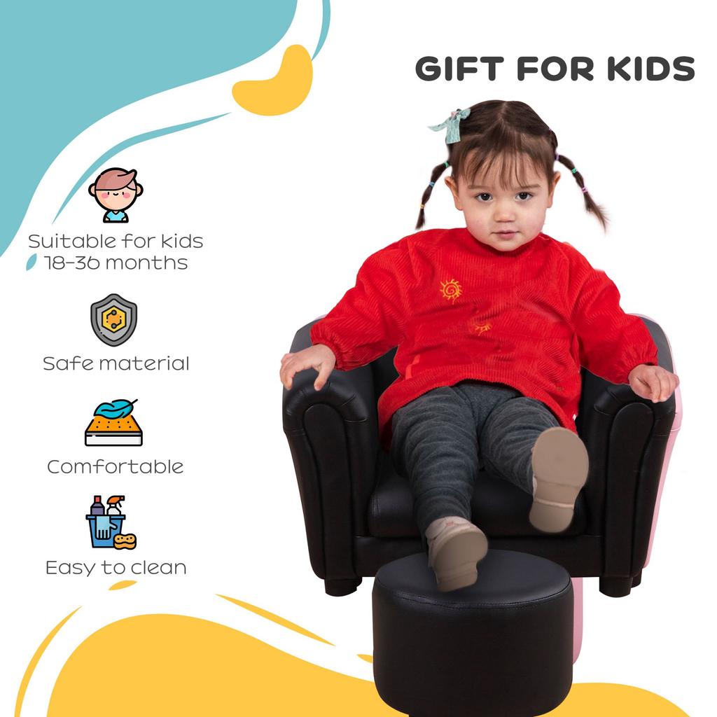 Toddler Chair Single Seater Kids Sofa Set, 54 x 42 x 41cm, Kids Sofa with Stool, Black