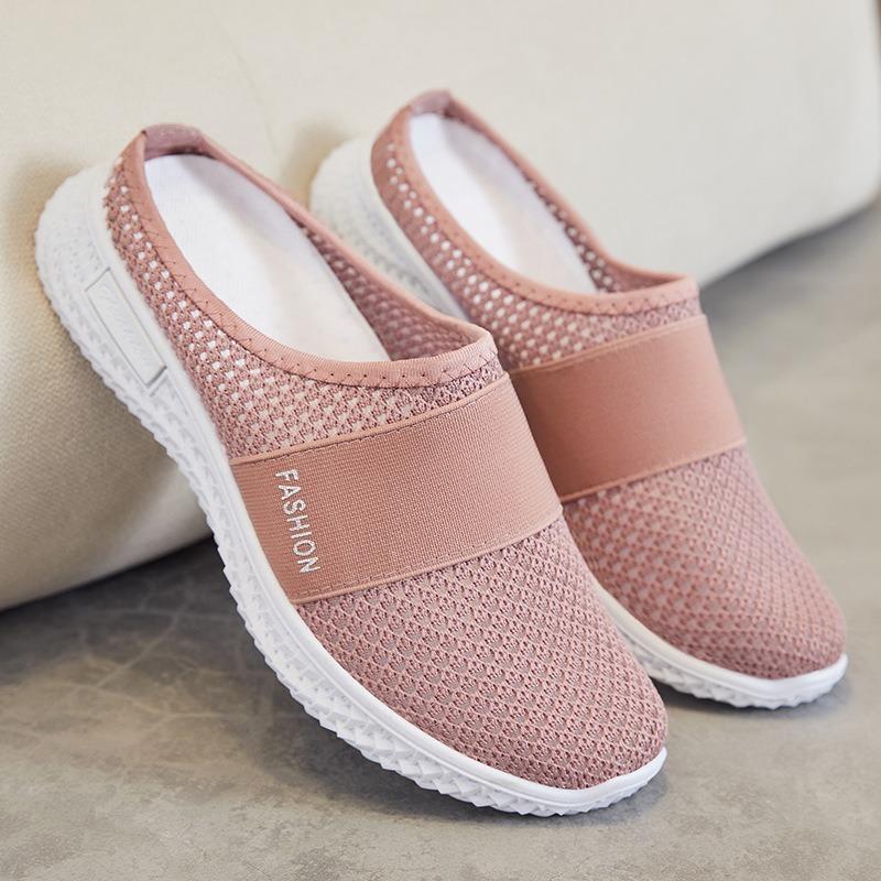 Shoes women's shoes casual shoes flying woven breathable flats bag head half slippers solid color versatile single shoes