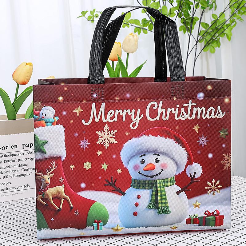 

1 шт. Большие подарочные пакеты на Рождество с ручками, многоразовые, с рисунками Санты, снеговика, рождественской елки - для праздничного шопинга, рождественских вечеринок