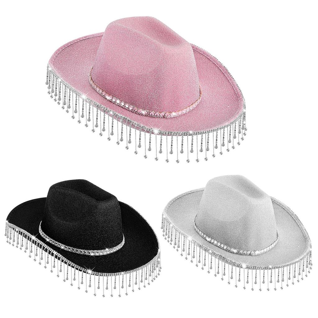 Rhinestones Tassels Cowboy Hat for Women Teens Breathable Wide Brim Beach Hat Music Festival Hat Bachelorette Party Cap