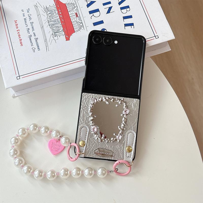 For Samsung Zflip6 Folding Screen Flip Fold7 Bracelet for Huawei Pocket2 Leather Love Mirror Mobile Phone Case