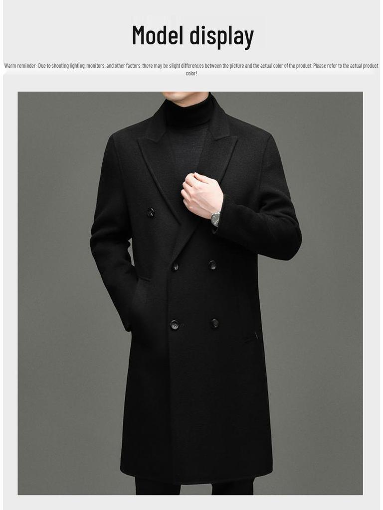 Men's 100% Wool Double-Faced Double-Breasted Lapel Collar Business Casual Long Coat