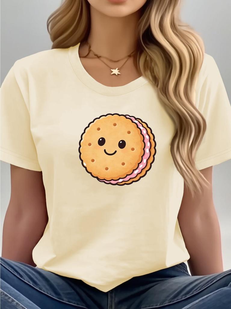 Cute Smiling Sandwich Biscuit T Shirt Women Short Sleeve Casual Top Sweet Snack Cartoon Print Comfort Soft for Everyday Wear