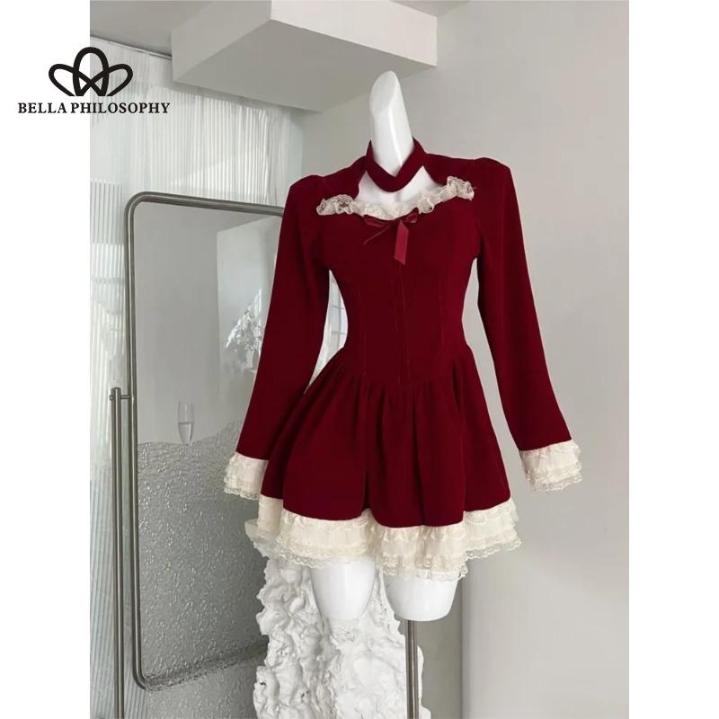 

Новое зимнее красное платье с подвесками в рождественском стиле во французском стиле, кружевное плиссированное бархатное короткое платье с бантом и бантом M красный