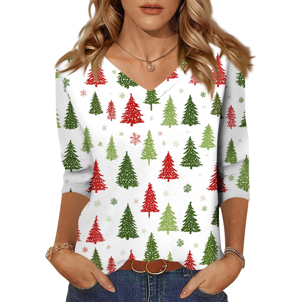 Women's Tops Three-quarter Sleeve Shirt V-neck Loose Casual Shirt Print T-shirt