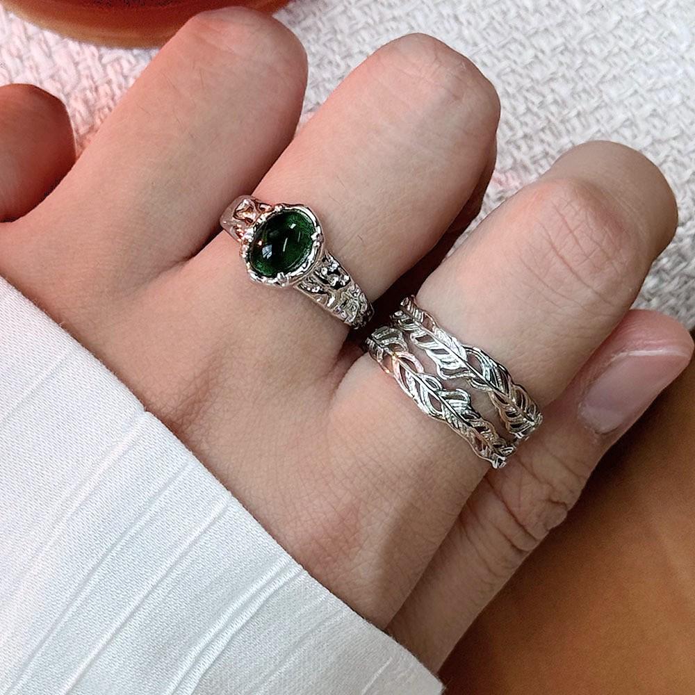 Women's Ethnic Feather Texture Ring - Green Agate, Niche Chinese National Style, Fashionable and Unique Design