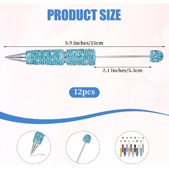 12 Pcs Beadable Pens, Glitter Full Rhinestone Beaded Pens, DIY Craft Fancy Ballpoint for Crystal, Plastic, Rhinestones Beads, Cute Trendy School
