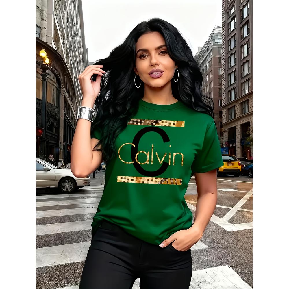 Calvin Brevtryck Dam T-shirt - Guld Grafik Grön Casual Topp