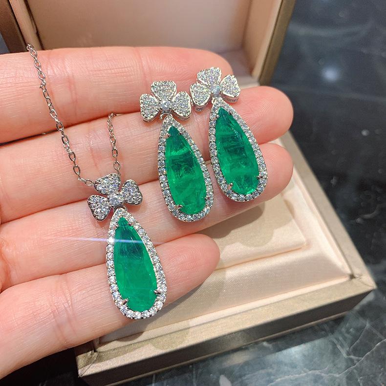 New Simulation Paraiba Necklace Ear Hanging Emerald Pear Shaped Banquet Jewelry Set 8X20