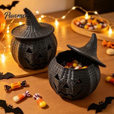 Unique Halloween Gift Idea Pumpkin Candy Jar, 3D Printed Woven Storage Container with Handwoven Texture PLA Craft Witch Hat Lid, Ghost Face