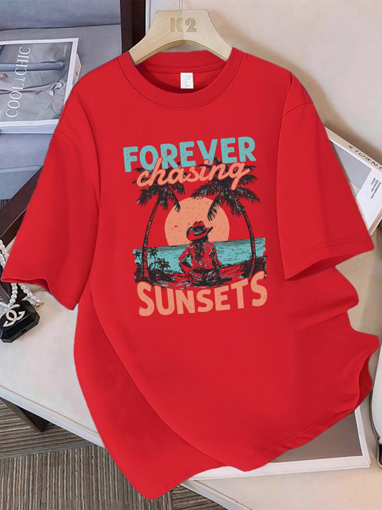 Summer T-Shirts Cotton Womens Forever Chasing Sunsets Cowgirl Printing Short Sleeve Comfortable Soft O-Neck Tops Basic Clothes