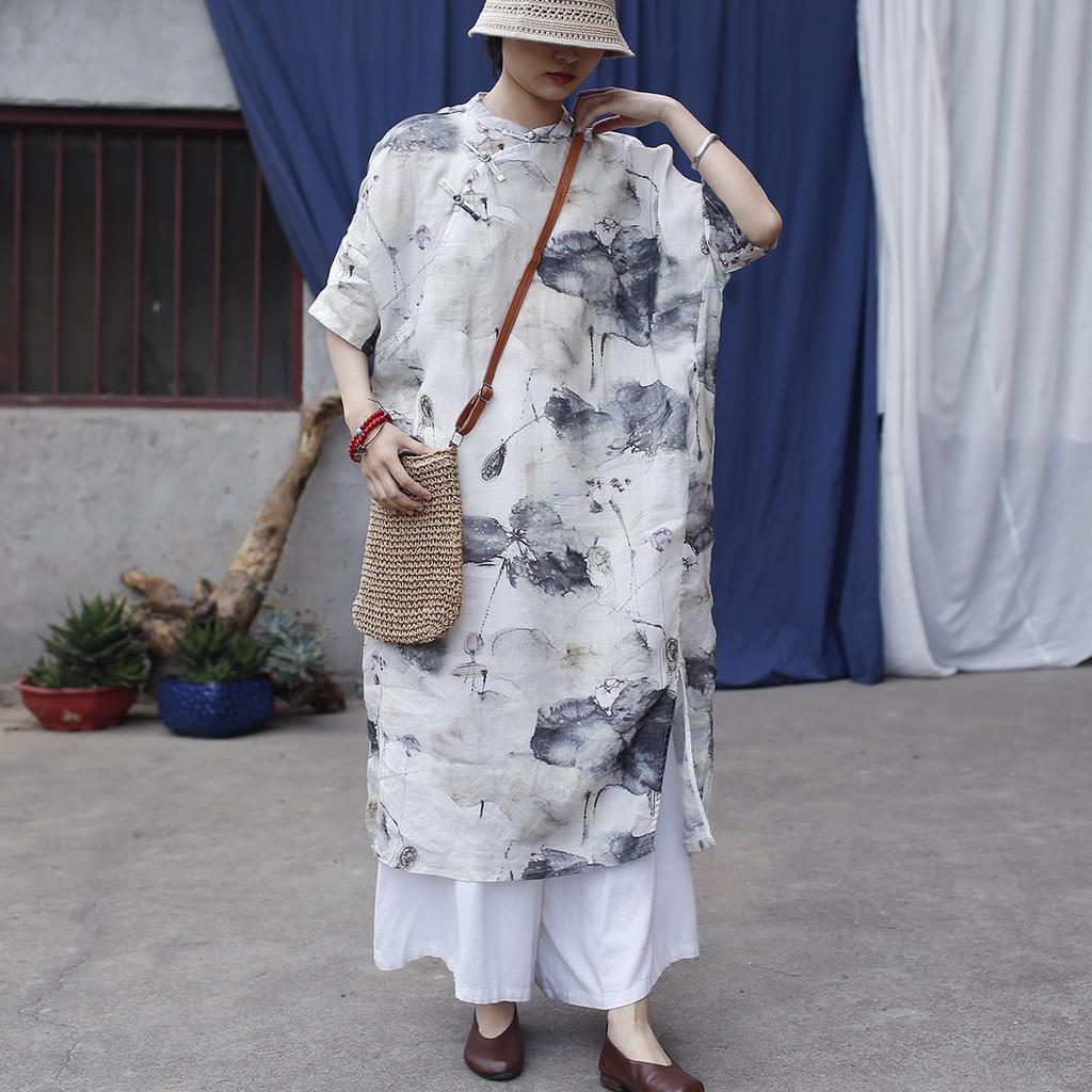 Johnature Vintage Stand Half Sleeve Dress For Women Chinese Style Print Ink Wash Painting Summer Dress