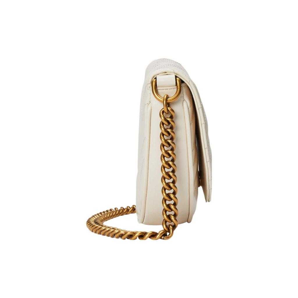 Gucci GG Marmont Chevron Quilted Saddle Bag, White Leather with Vintage Gold Double G, Women's Crossbody Handbag for Daily 746431-DTDHT-9022
