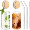 Drinking Glasses with Bamboo Lids and Glass Straw 2PCS Set, 16oz Glass Cups with Lids and Straws, Beer, Iced Coffee Glasses, Soda, Gift 1 Cleaning
