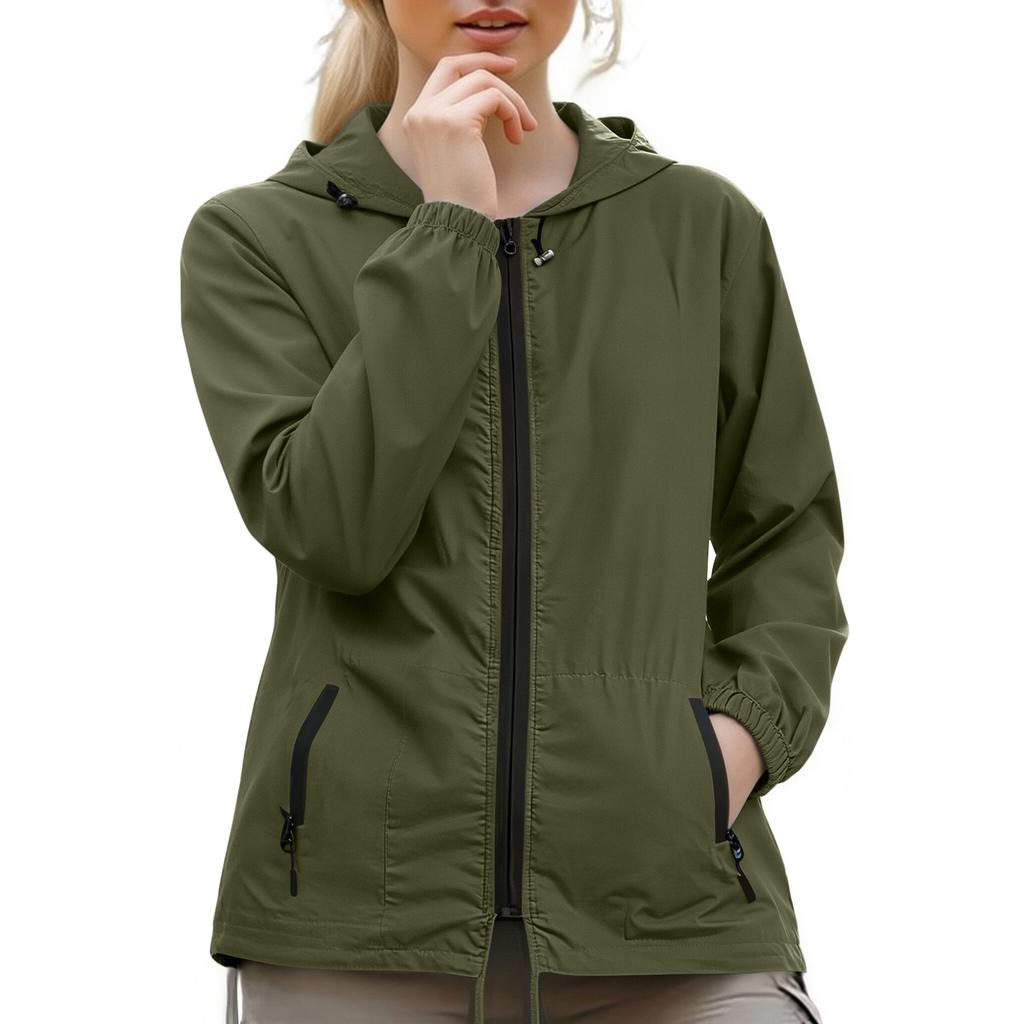 Women's Plus Size Lightweight Hooded Jacket Long Sleeve Zip Up Foldable Windbreaker with Storage Bag Outdoor Casual Coat