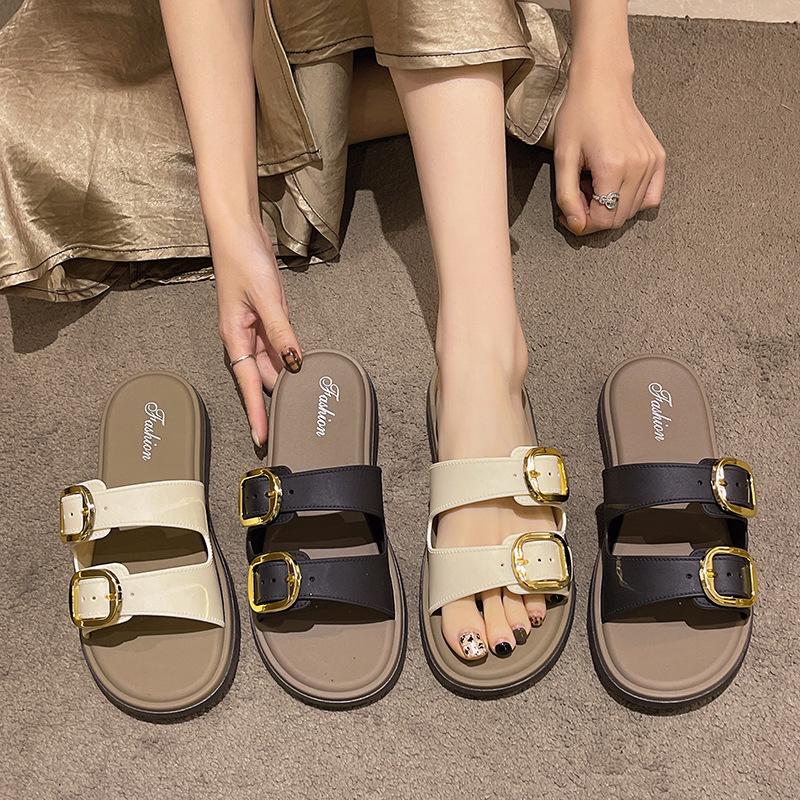 New Retro Soft Sole Flat Belt Buckle Slippers For Women In Summer Beach Anti-slip Sandals