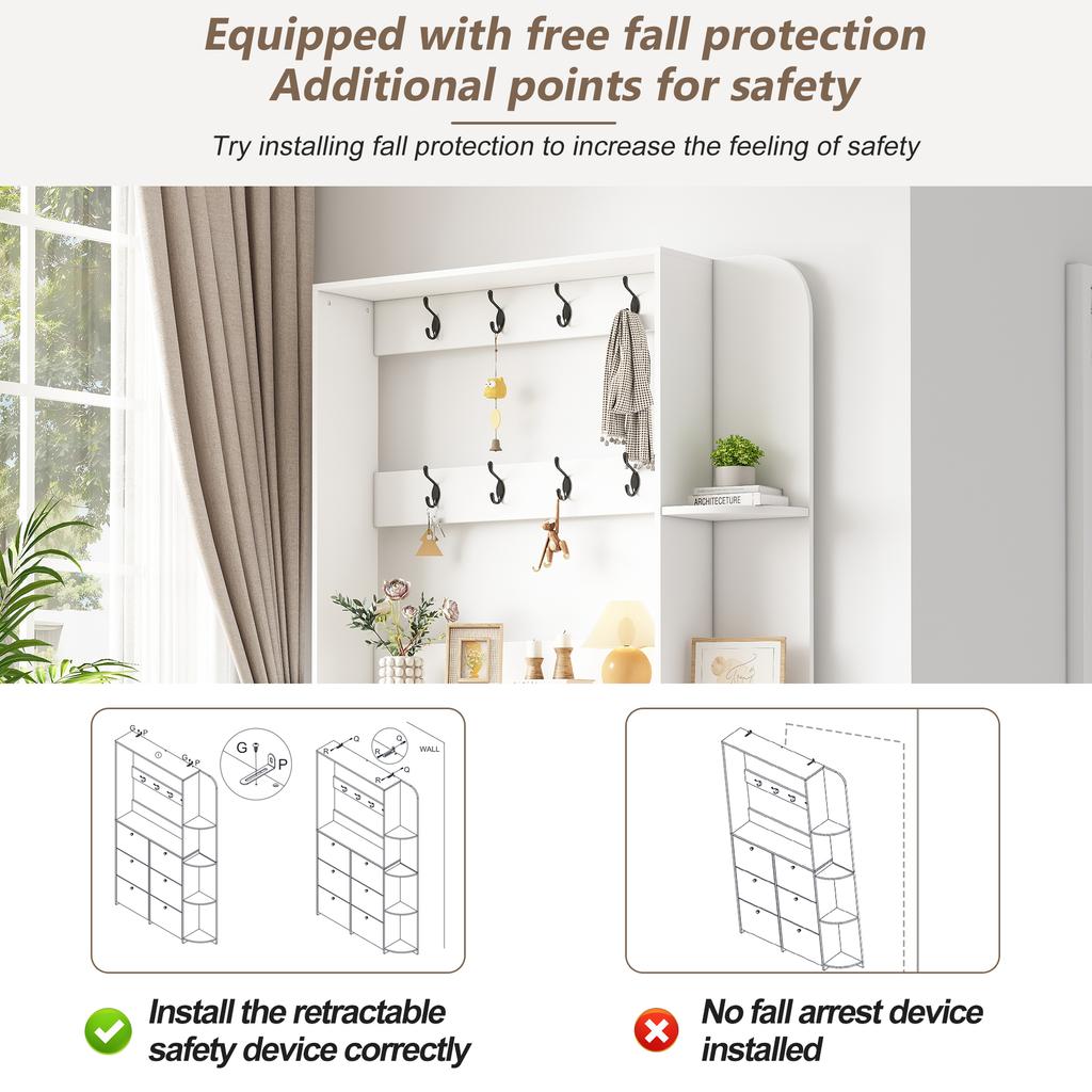 120 x 24 x 200 cm, Coat Rack for Entrance Area, 3-in-1 Multifunctional Shoe Cabinet, Flip Door, 8 Hooks, Living Room Cabinet with 5 Shelves, White