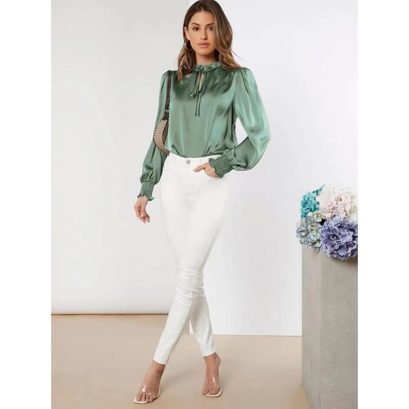 Women's Shirt Spring New Elegant Solid Colour Round Neck Long Sleeve Tie Straight Satin Blouse