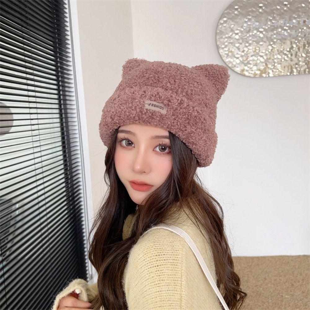Knitted Bear Ear Hat Cartoon Plush Beanie Cap Winter Ear Protection Skull cap  Women