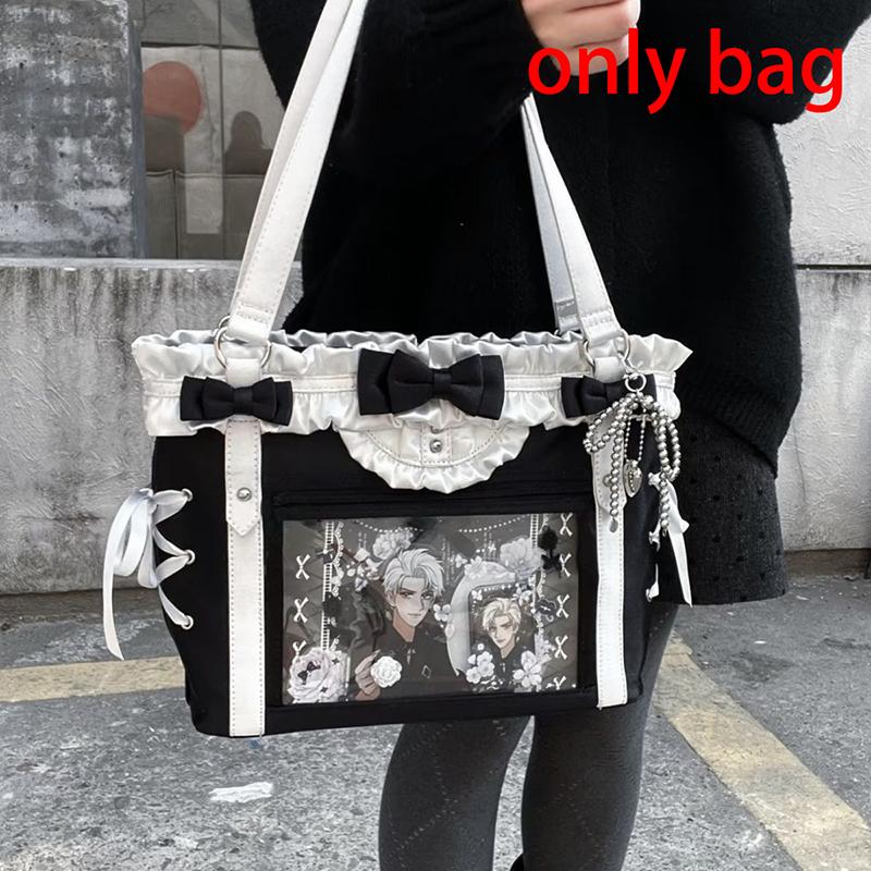 

Japanese Fashion Cute Ita Bag Bow Lace Trim Large Capacity Preppy Style Shoulder Bag Badge Display Bag Anime Fans Girls Handbag 30x10x24cm