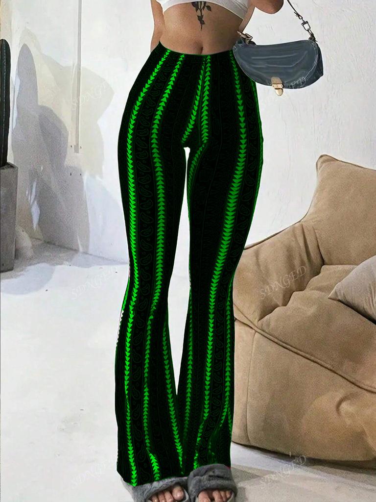 Women's Flared Pants with Paisley and Stripe Pattern, High Waist Bell Bottom Trousers
