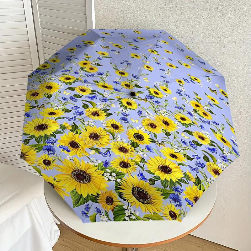1PC Sunflowers Flowers Umbrella-8-Rib Reinforced Portable Folding Travel Suitable for All Seasons Outdoor Daily Use -J0352
