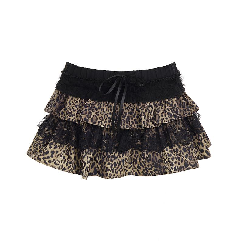 Leopard Print Lace Patchwork Y2K Skirt - European & American Sexy Slim Fit