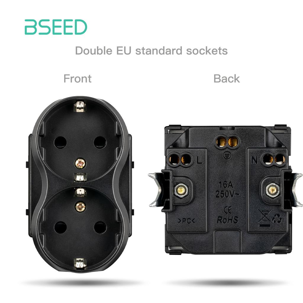 BSEED EU/FR Wall Power Socket USB Plug 1/2/3Gang Mechanical Switches Function Parts Matte Plastic Frames Free Combination Black