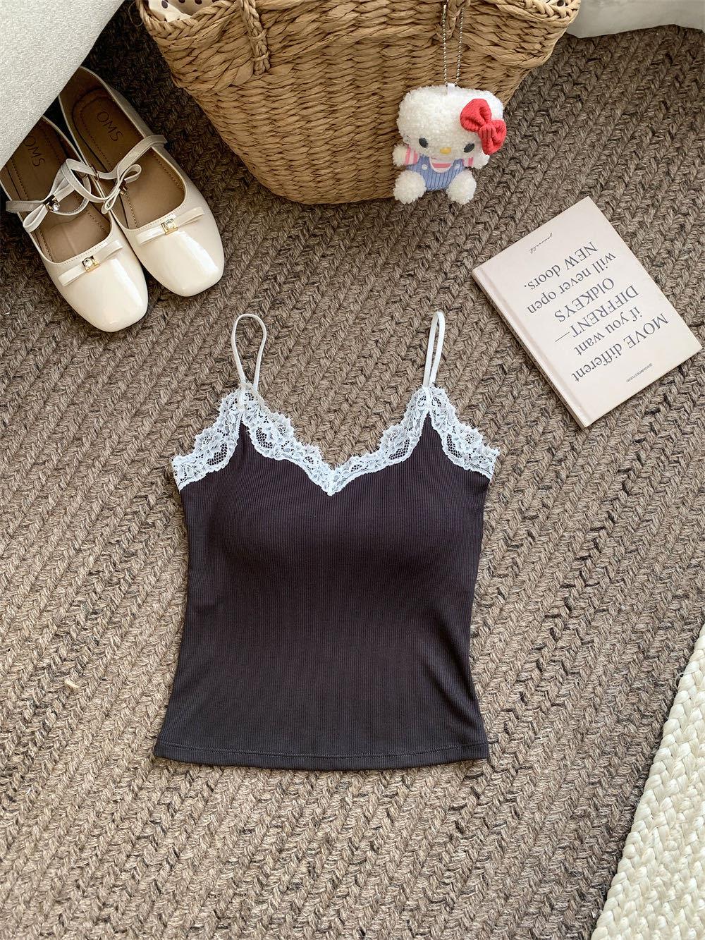 

Серый кружевной облегающий топ-майка со встроенными чашечками - Женский летний топ без рукавов One size кофейный