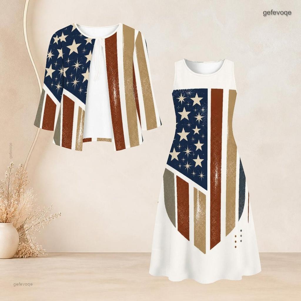 Women Plus Size Two Piece Dress Set Three Quarter Sleeve Eagle Star Striped Printed Long Dress