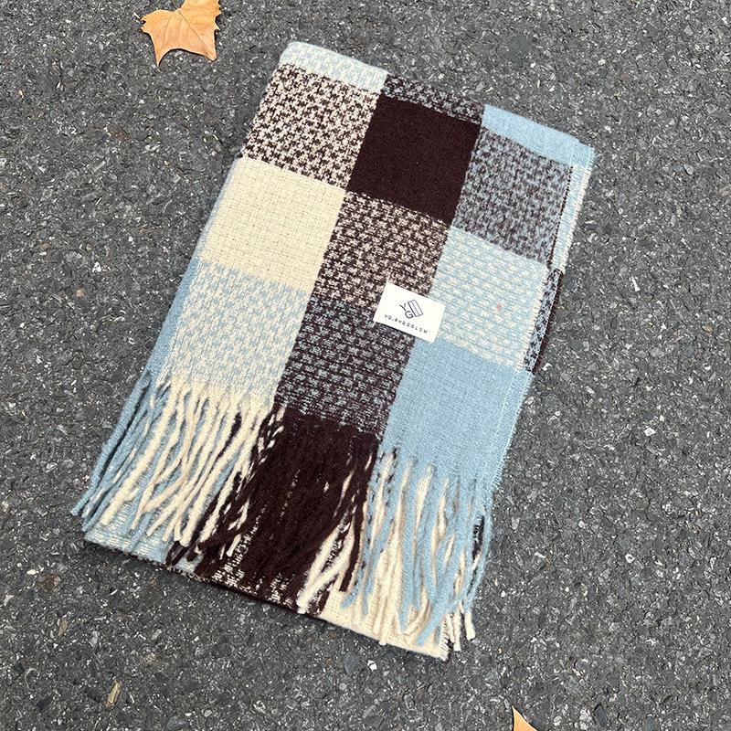 Korean Style Plaid Mohair Scarf - Women's Winter Imitation Cashmere Shawl