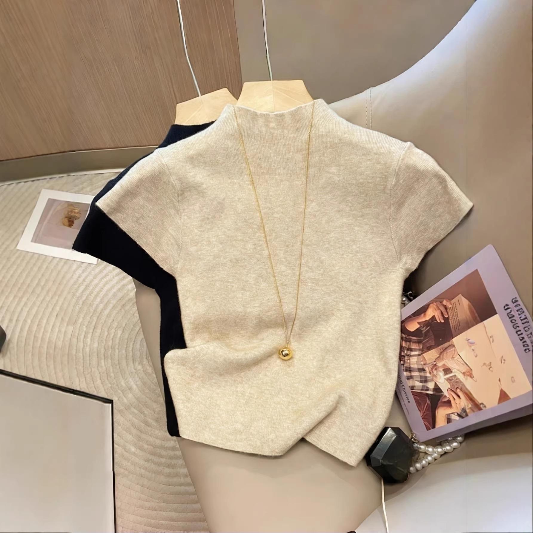 

Spicy Girl Apricot Puff Sleeve High-Neck Slim Knit T-Shirt Small абрикосовый/чёрный