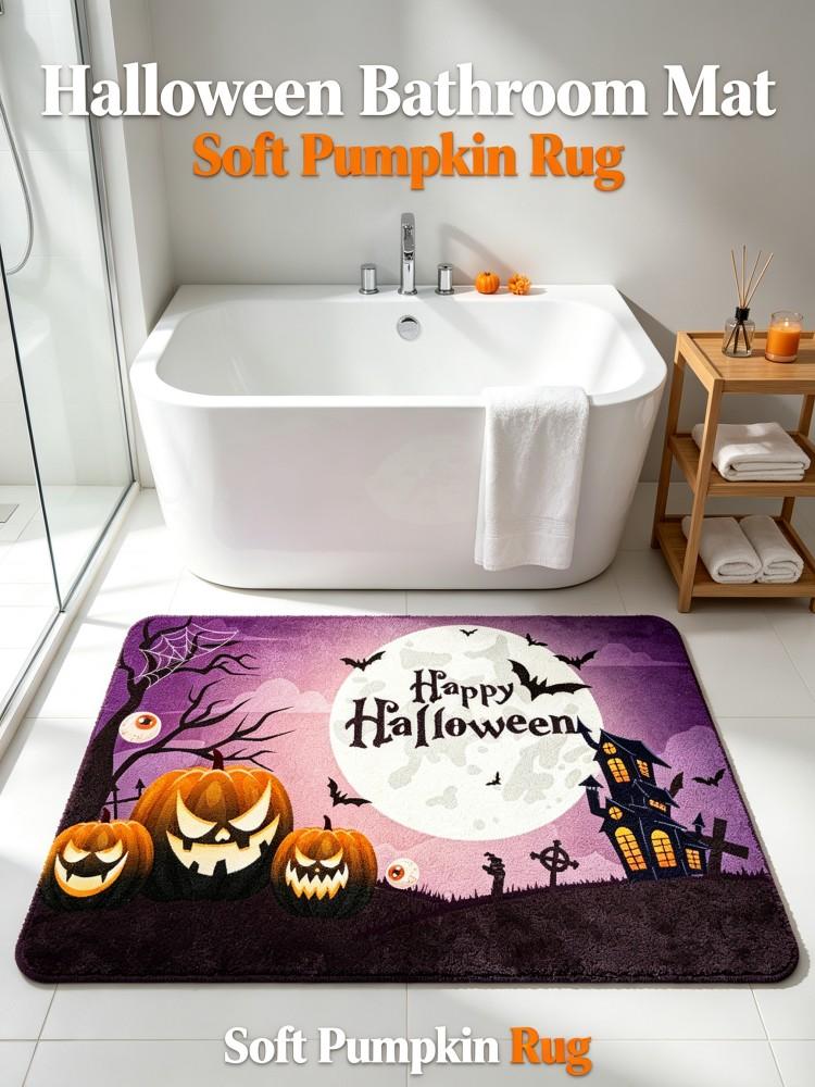 Happy Halloween Bath Mat Pumpkin Ghost House Bat Pattern Non‑Slip Absorbent Floor Rug for Bathroom Entryway Home Halloween Party