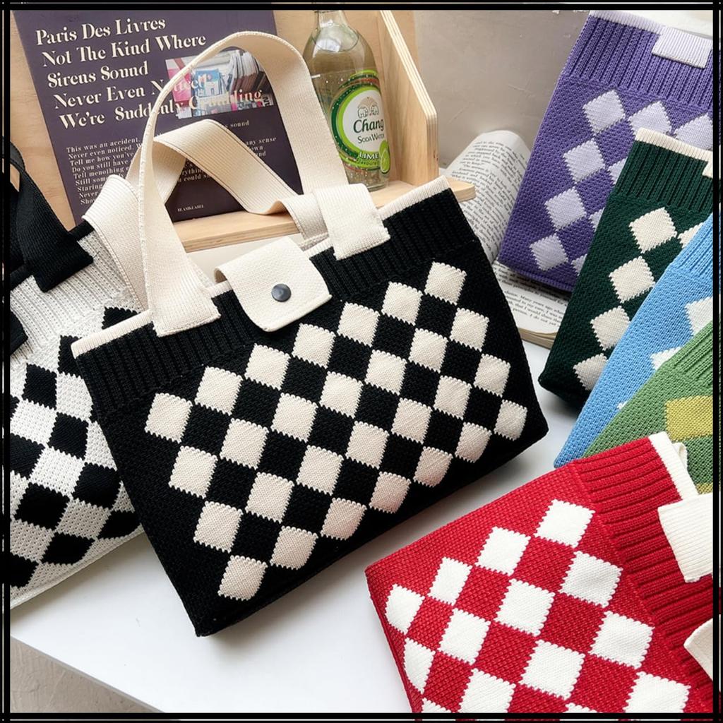 White Fang Women's Diamond Pattern Argyle Tote Bag, Beige, BA007