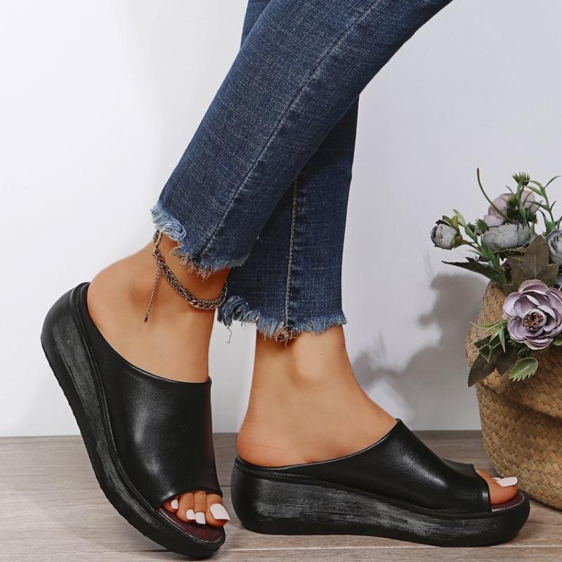 Fashion Plus Size 35-44 Shoes for Women Summer Leather Platform Slippers Wedges Peep Toe Outdoor Beach Sandalias Mujer Women Slippers