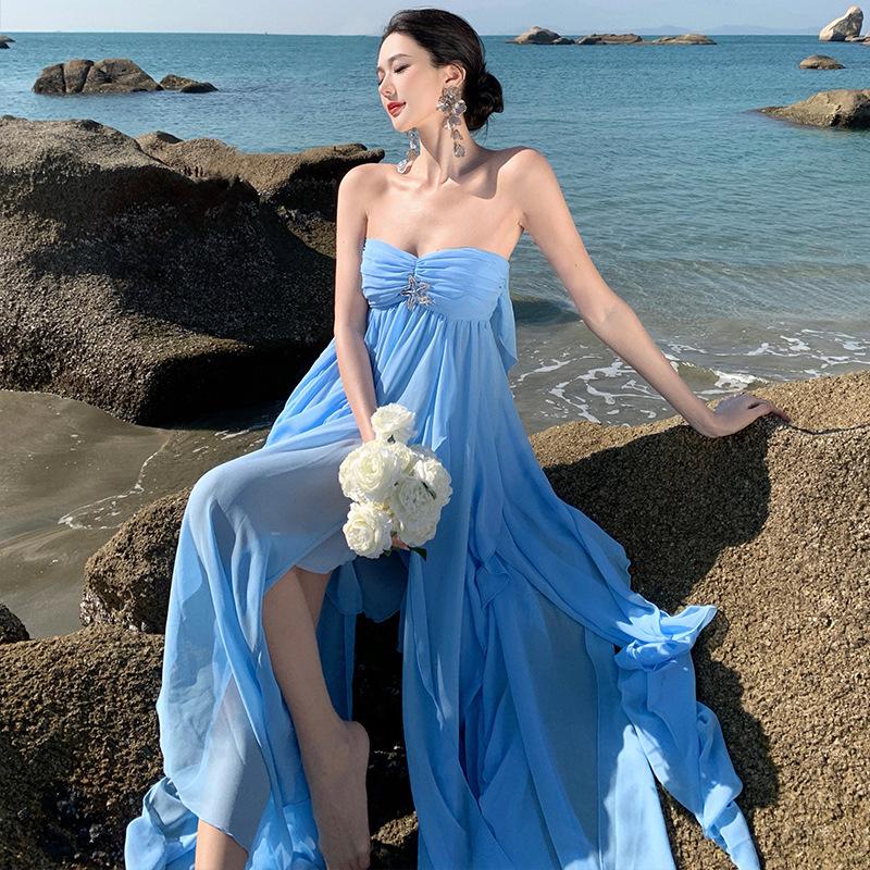 French Ruffle Edge Blue Holiday Neck Tube Top Dress Female Backless Birthday Date Dress