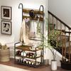 Entryway Coat Rack with Rod, 10 Hooks, Bench and Shoe Rack, In Wood and Metal, 80x40x182 Cm, Brown and Black