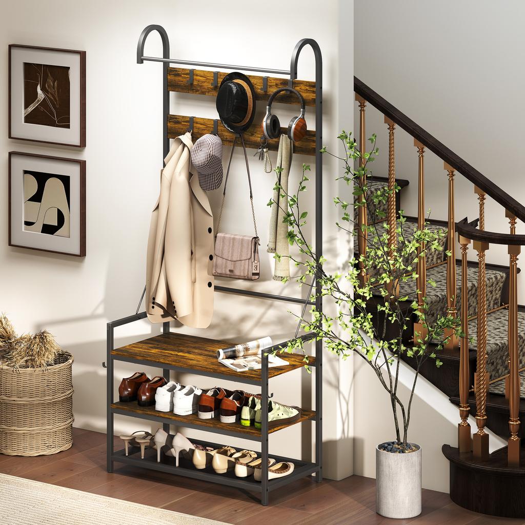Entryway Coat Rack with Rod, 10 Hooks, Bench and Shoe Rack, In Wood and Metal, 80x40x182 Cm, Brown and Black