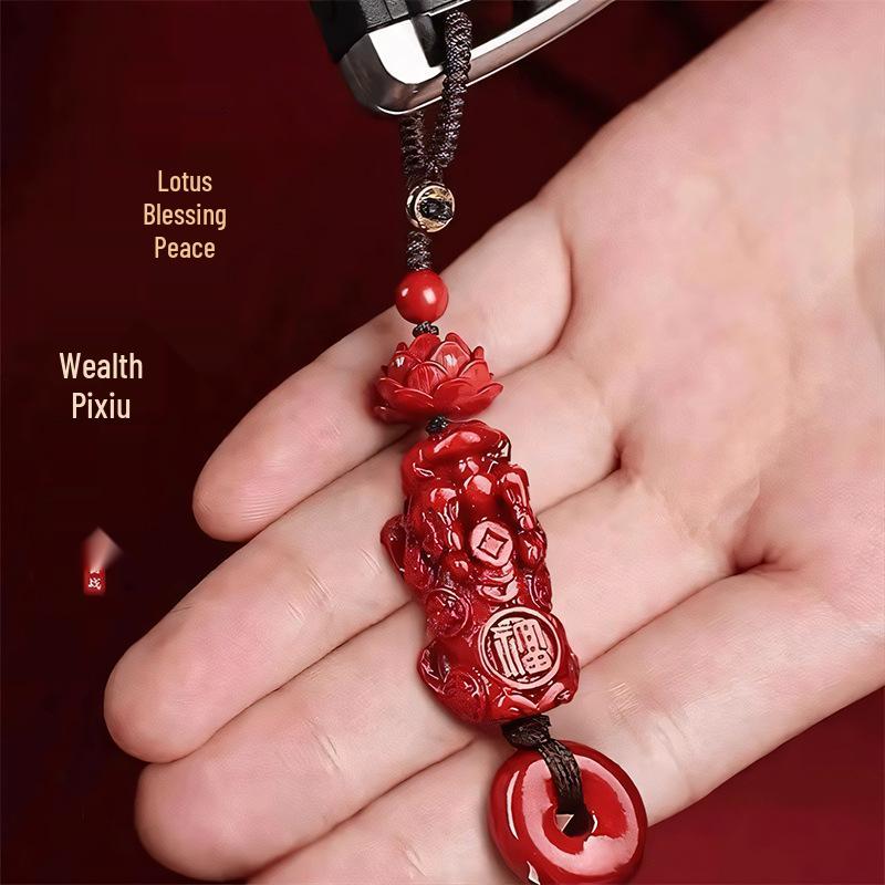 Vermilion Pixiu Peace Buckle Pendant Keychain with Purple Gold Sand Charms for Men & Women